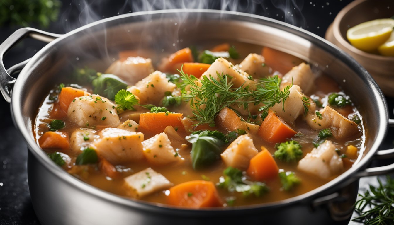 A pot of bubbling fish stew with chunks of fish, vegetables, and herbs, surrounded by steam rising from the surface