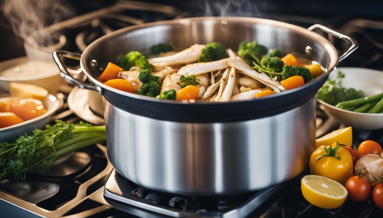 A pot simmers on the stove with fish bones, vegetables, and water. Steam rises as the stock cooks, infusing the kitchen with a rich, savory aroma