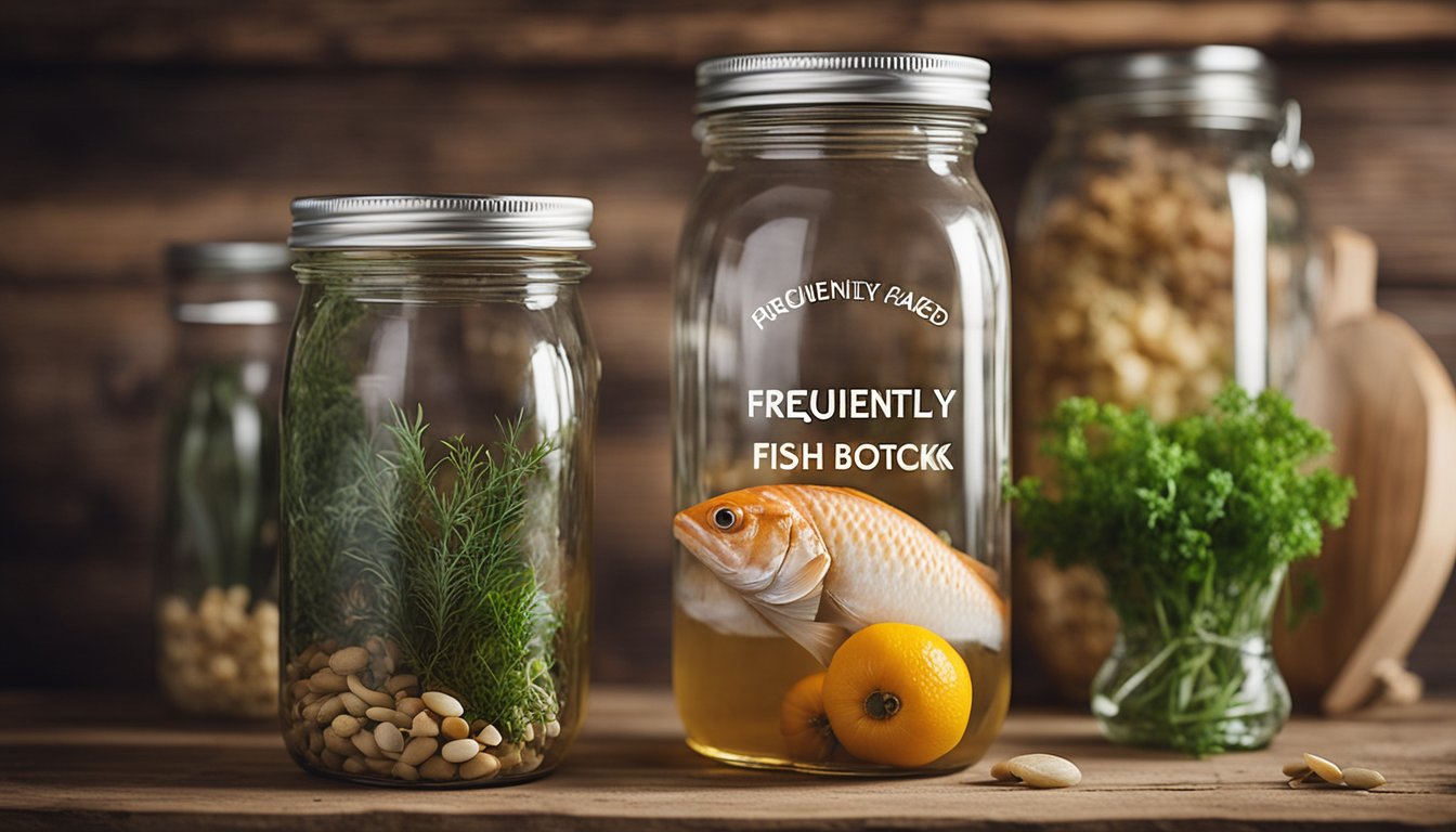 A clear glass jar filled with homemade fish stock, labeled "Frequently Asked Questions fish stock," sits on a rustic wooden kitchen shelf