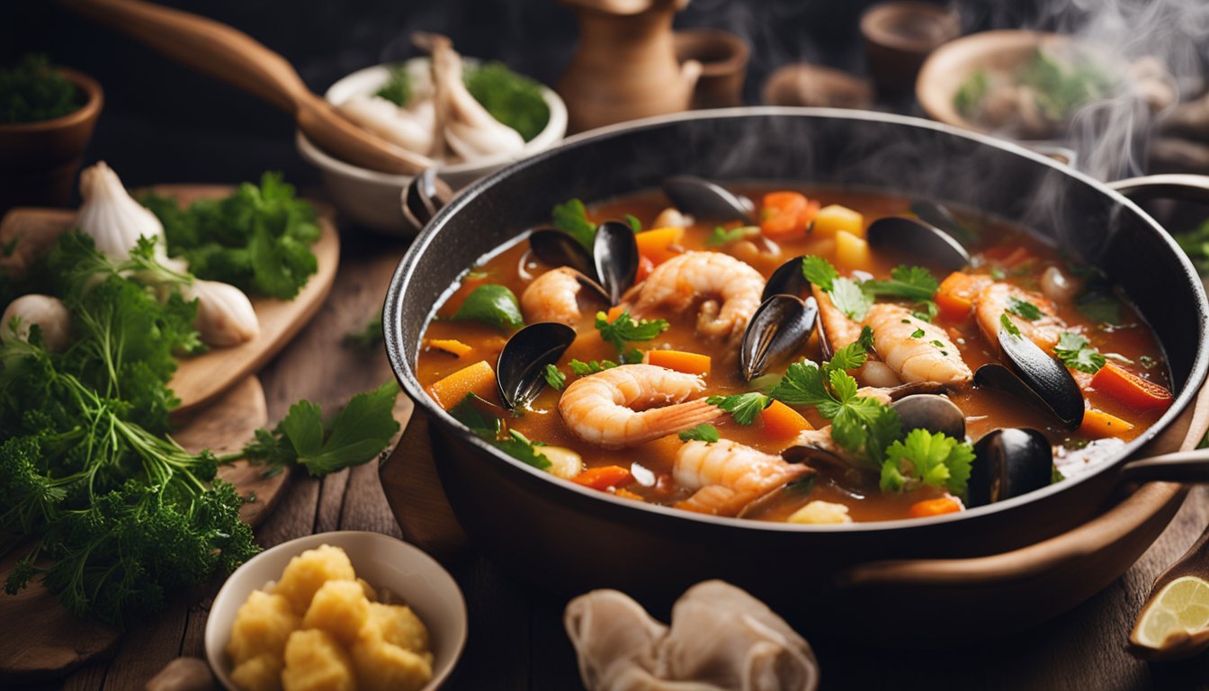 A pot of bubbling fish stew with vibrant vegetables and aromatic herbs, steam rising, surrounded by fresh seafood and a rustic wooden spoon