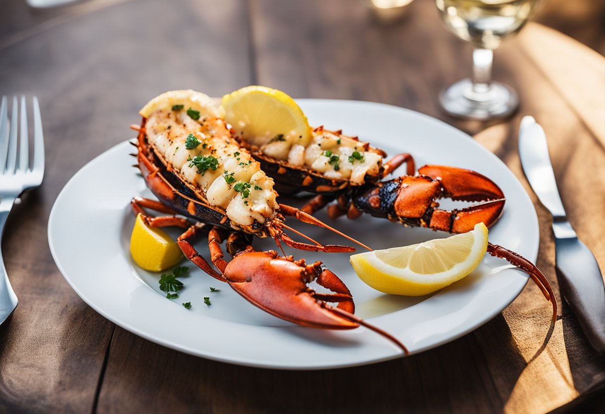 A succulent grilled lobster, split in half, with charred grill marks, served on a white plate with a side of melted butter and fresh lemon wedges