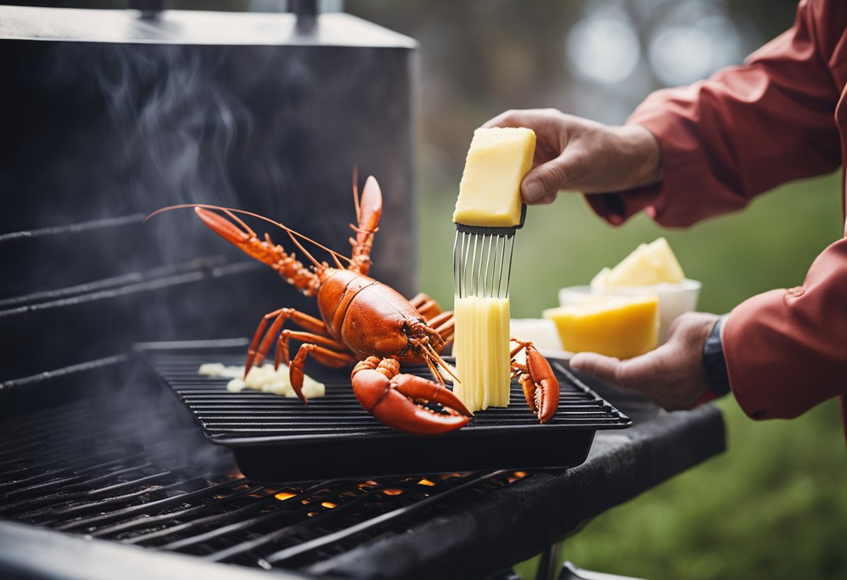 A lobster being brushed with butter and placed on a hot grill