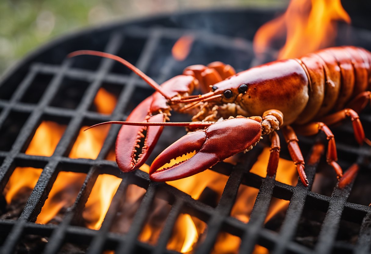 A lobster sizzling on a hot grill, turning a vibrant red as it cooks to perfection. The grill marks create an appetizing charred pattern on the shell