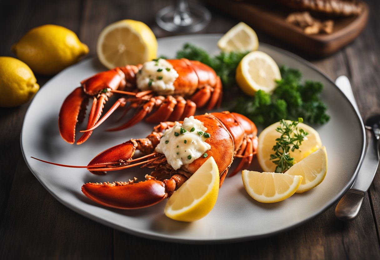 Lobster split in half, grilled to perfection, with a side of lemon and butter