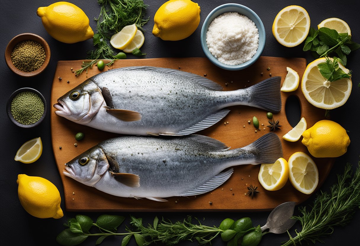 A flounder fish lies on a cutting board surrounded by lemons, herbs, and spices. A chef's knife and a bowl of seasoned flour sit nearby