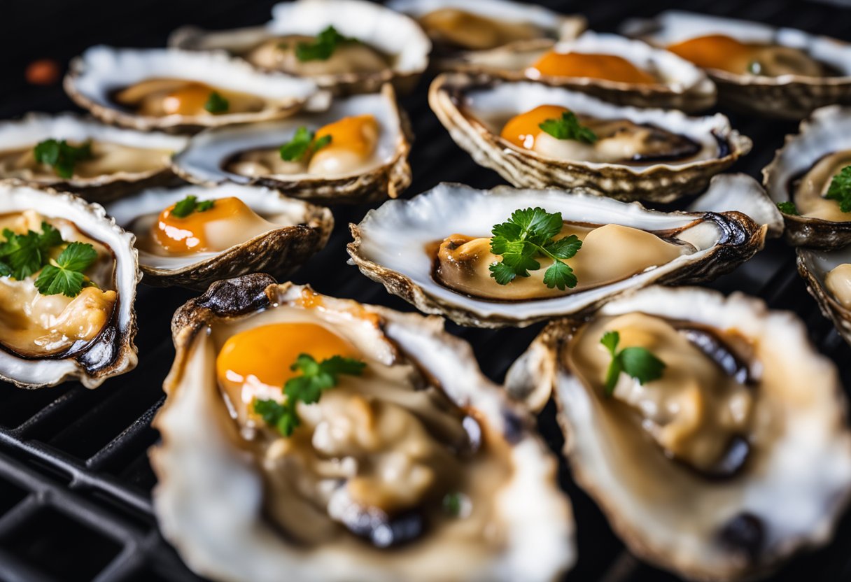 Grilled oysters sit on a sizzling grill, topped with hot sauce butter