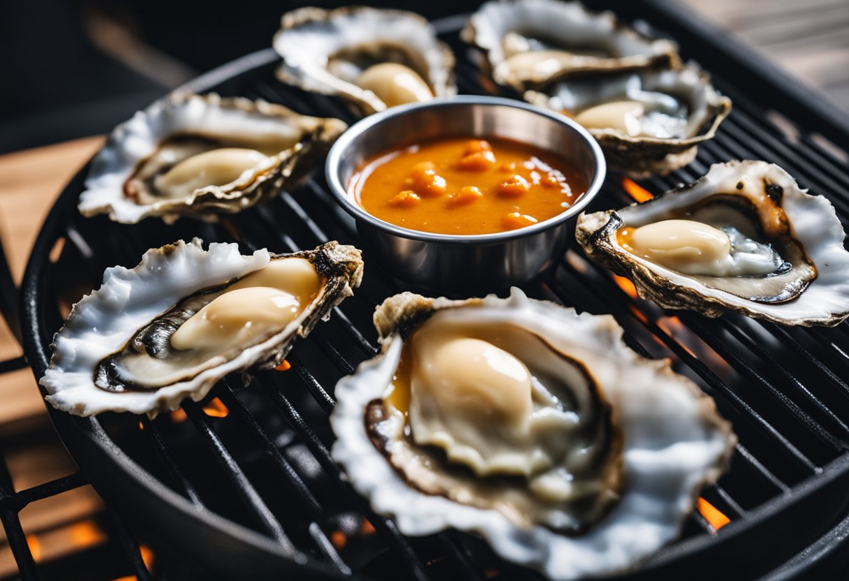 Oysters arranged on a grill, topped with hot sauce butter