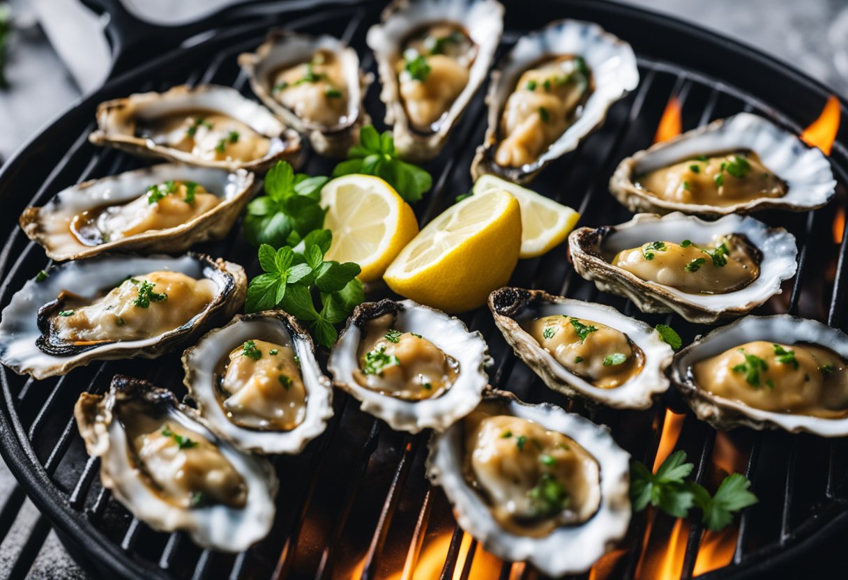 Grilled oysters sit on a sizzling grill, topped with hot sauce butter, surrounded by fresh herbs and lemon wedges