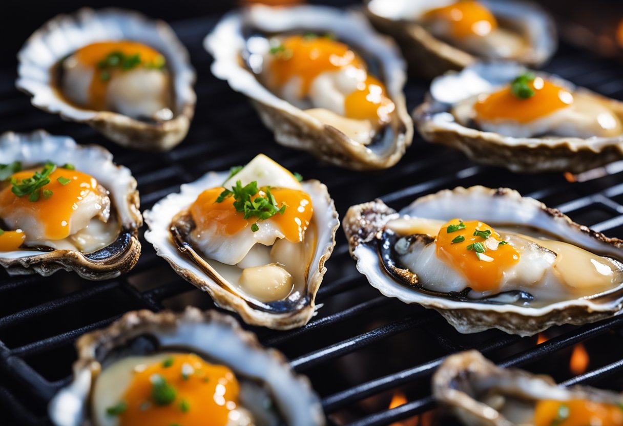 Grilled oysters sit on a sizzling grill, drizzled with hot sauce butter, steam rising, surrounded by a warm, inviting glow