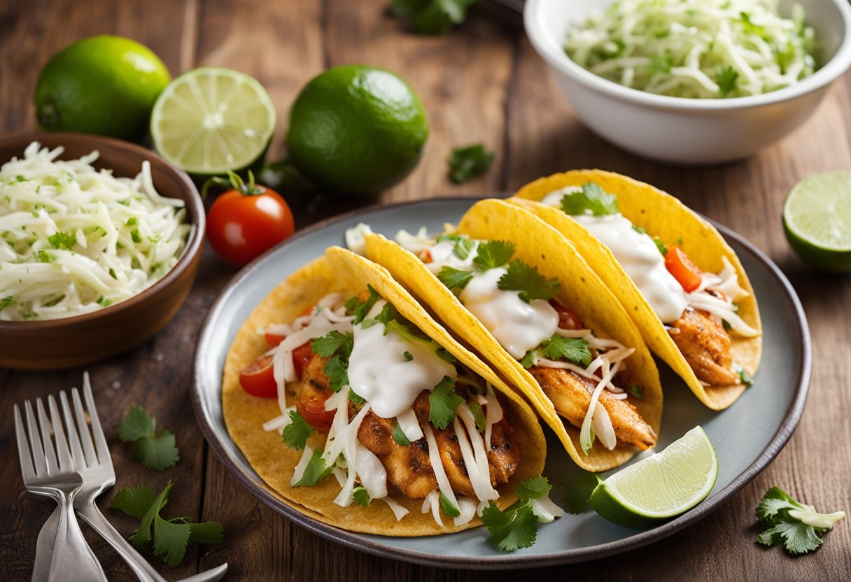 A plate of fish tacos with a side of salsa and lime slices on a wooden table. The tacos are topped with shredded cabbage, diced tomatoes, and drizzled with a creamy sauce