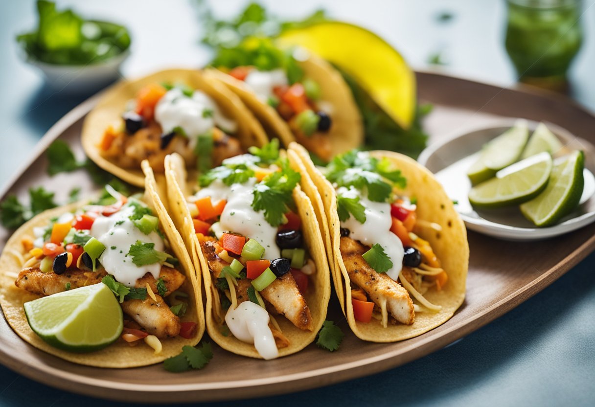 A plate of fish tacos with a variety of colorful toppings and sauces