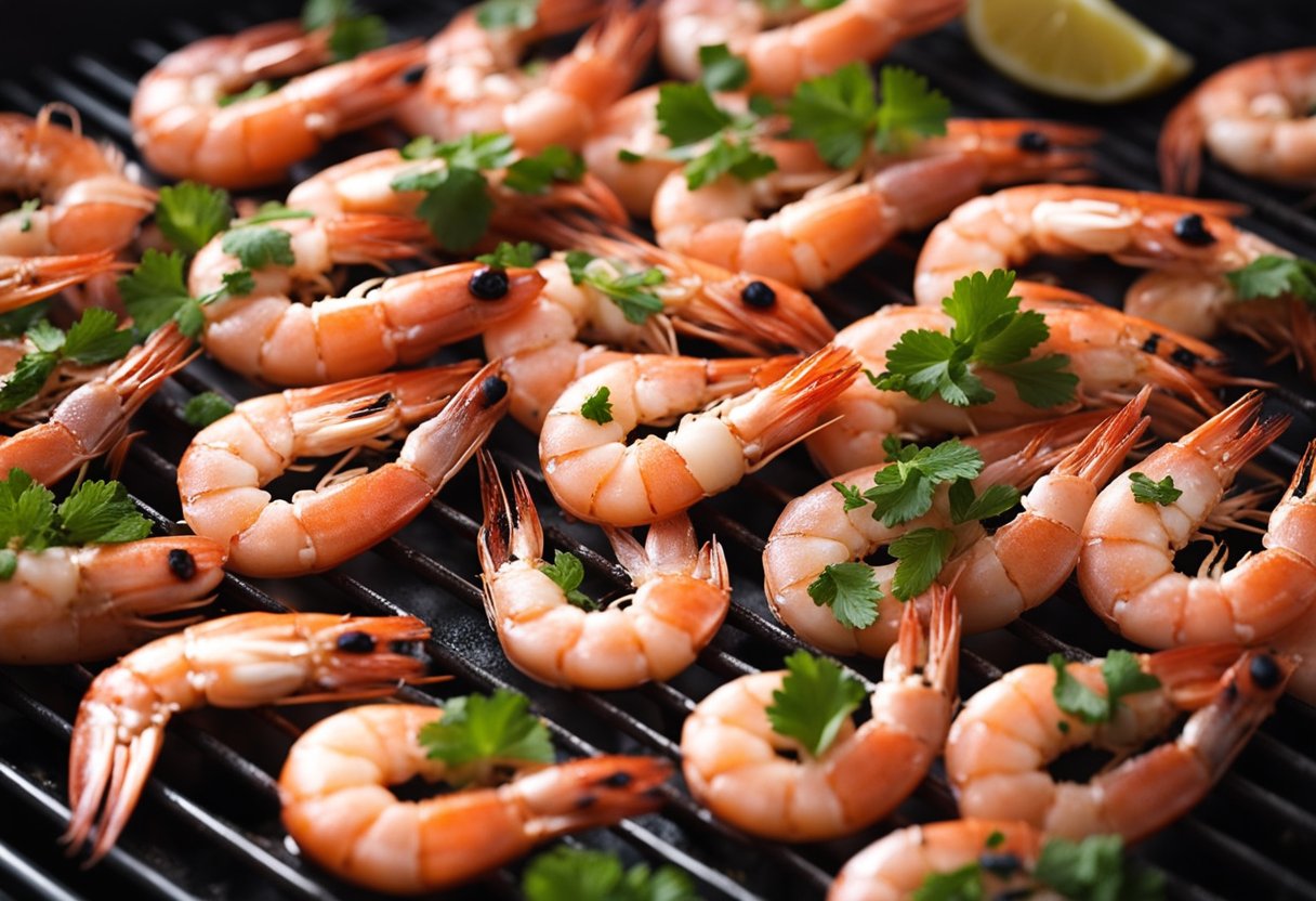 Fresh prawns being cleaned, seasoned, and placed on a hot grill, sizzling and turning pink as they cook. Lemon wedges and herbs nearby