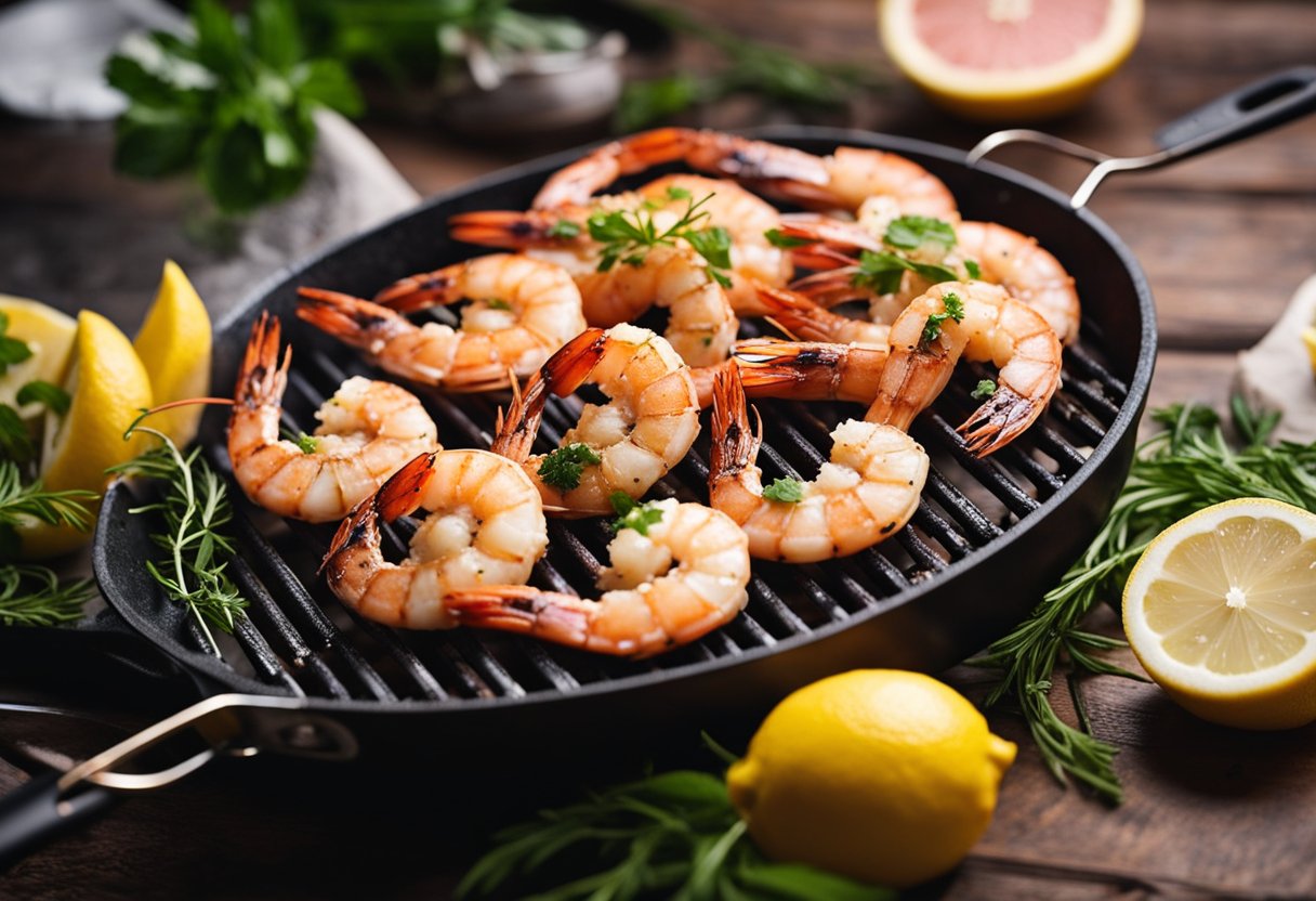 Grilled prawns sizzling on a hot grill, turning pink and curling as they cook to perfection. Lemon wedges and fresh herbs nearby