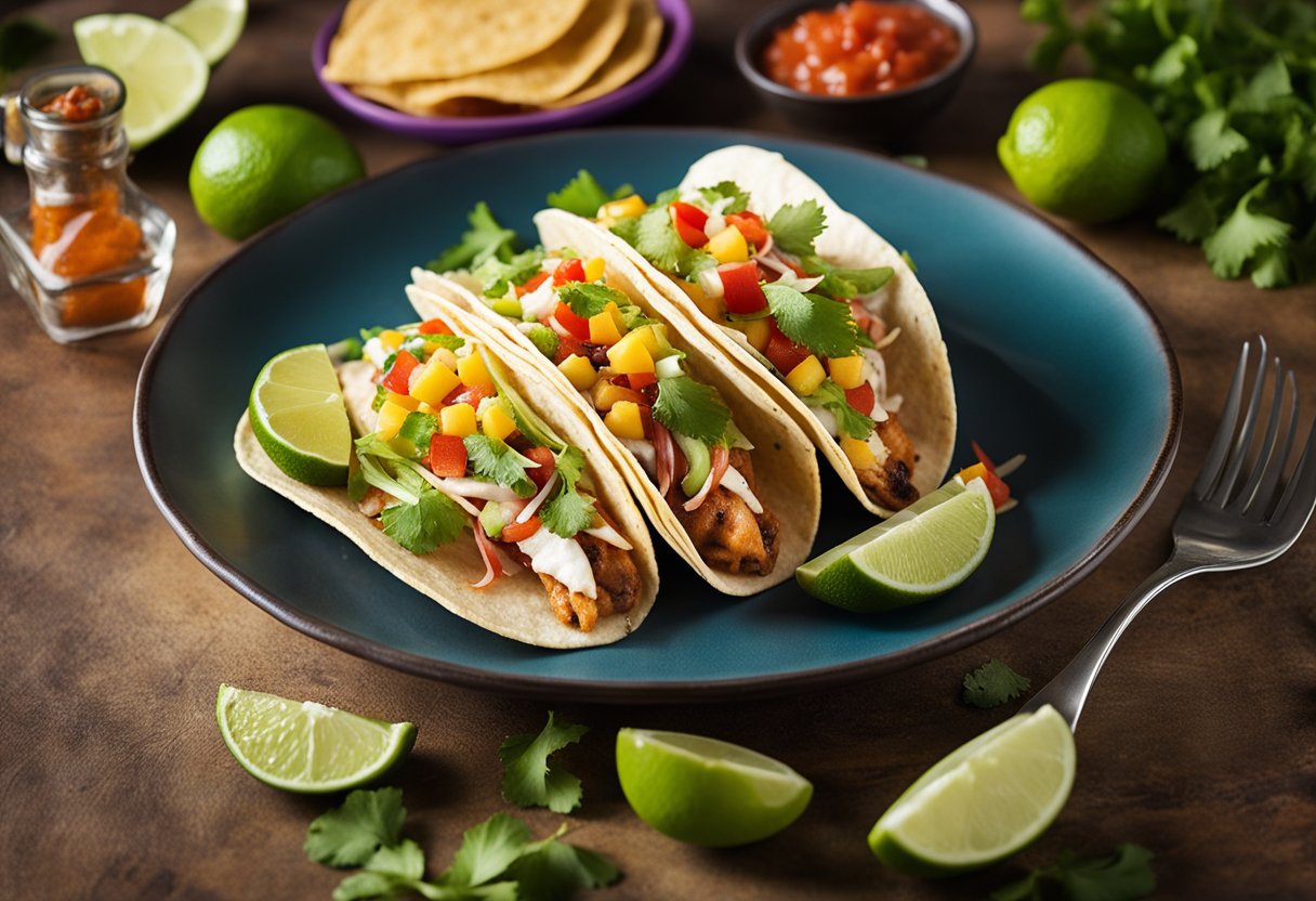 A plate of fish tacos with a side of salsa and lime, surrounded by colorful garnishes and set against a vibrant background