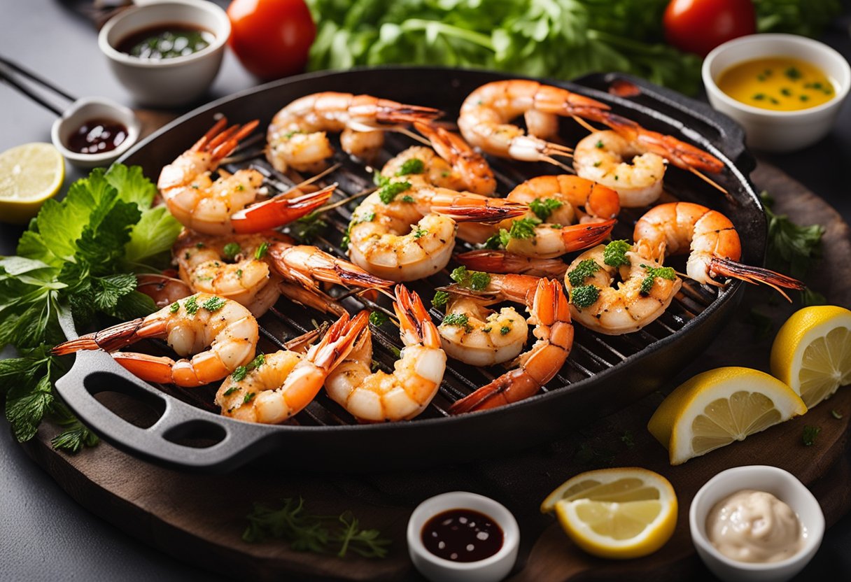 Grilled prawns sizzling on a hot grill, with a sprinkle of herbs and a drizzle of lemon juice. A platter of prawns surrounded by colorful vegetables and a side of dipping sauce