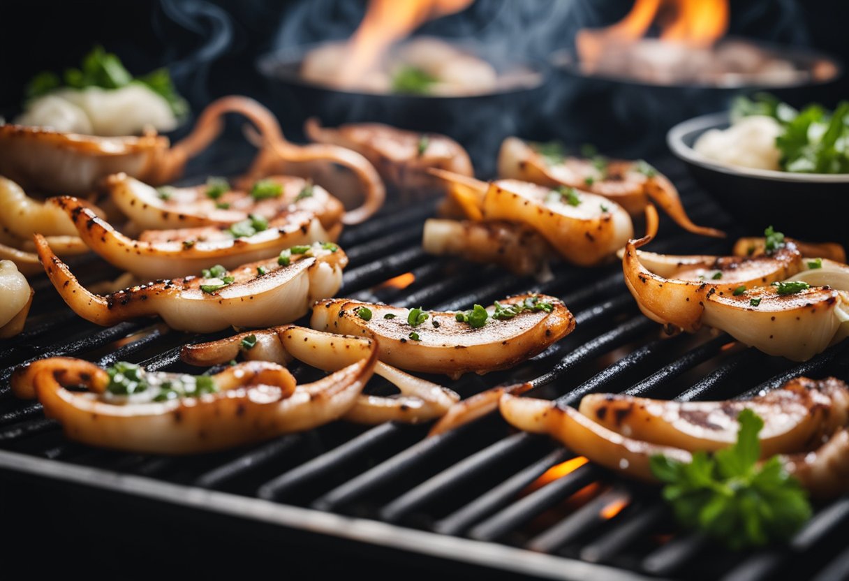 Squid sizzling on the grill, smoke rising. A hand serving hot, grilled squid on a plate