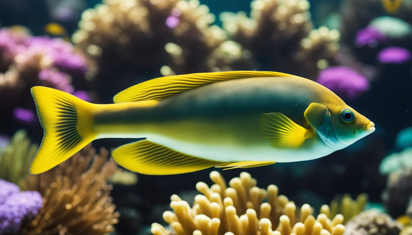 The fluke fish swims in clear, shallow waters near the coral reef, surrounded by vibrant sea plants and colorful marine life