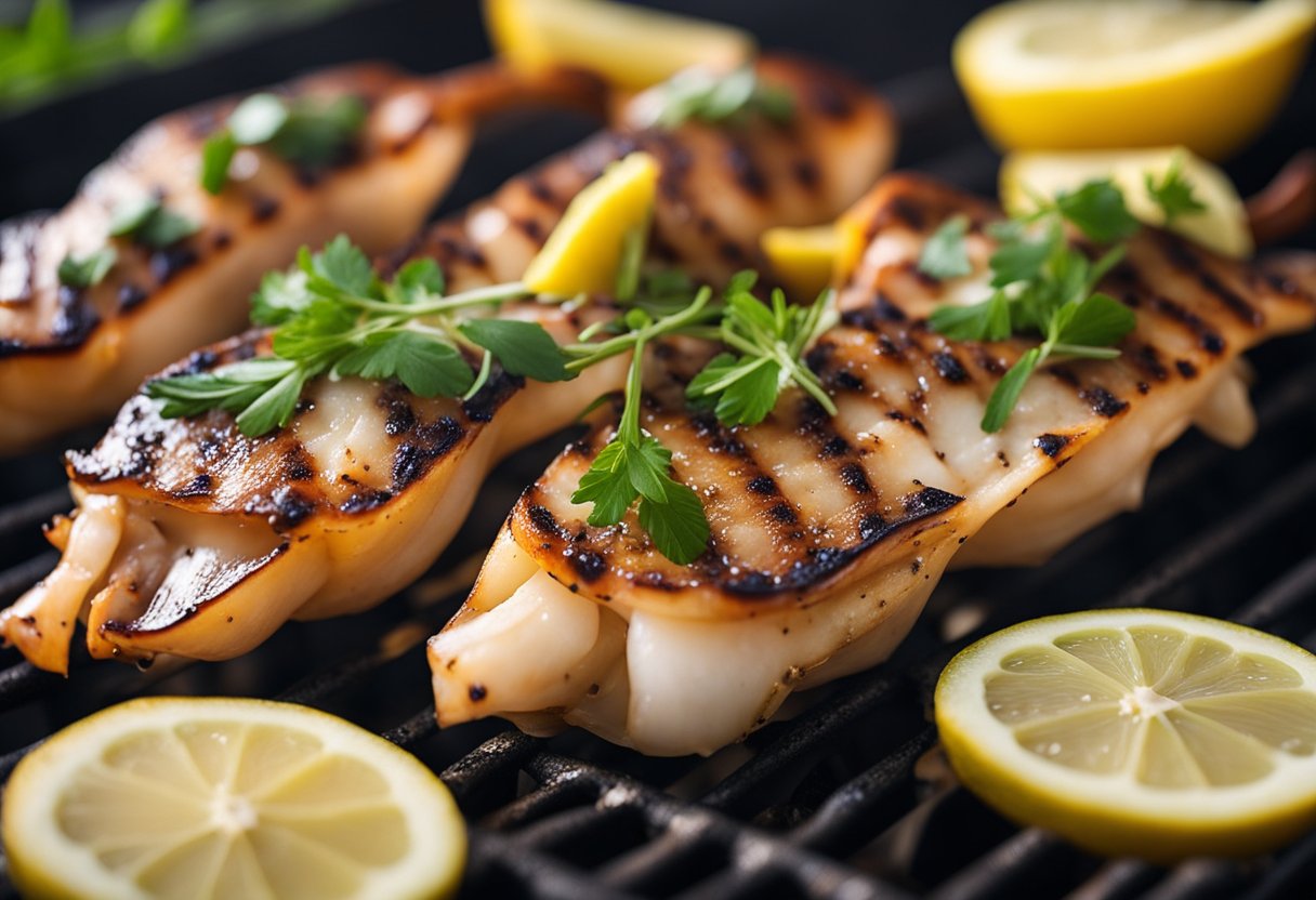 Grill marks on tender squid, sizzling over open flame. Lemon wedges and fresh herbs nearby