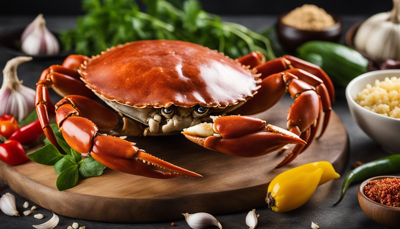 A flower crab sits on a cutting board surrounded by ingredients like garlic, ginger, and chili peppers. A chef's knife and a bowl of seasoning are nearby