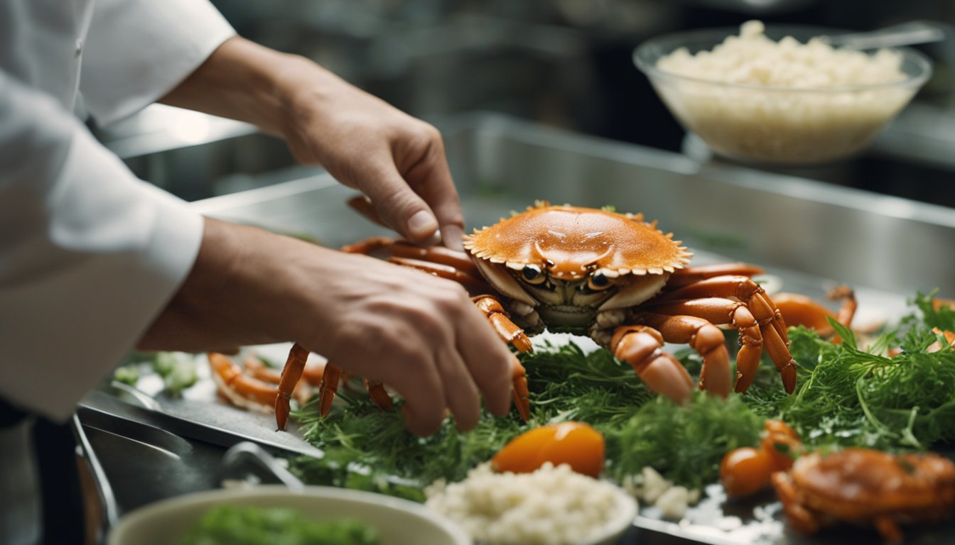 A chef selects and prepares fresh flower crabs for a recipe. The crabs are cleaned and cracked, ready to be cooked