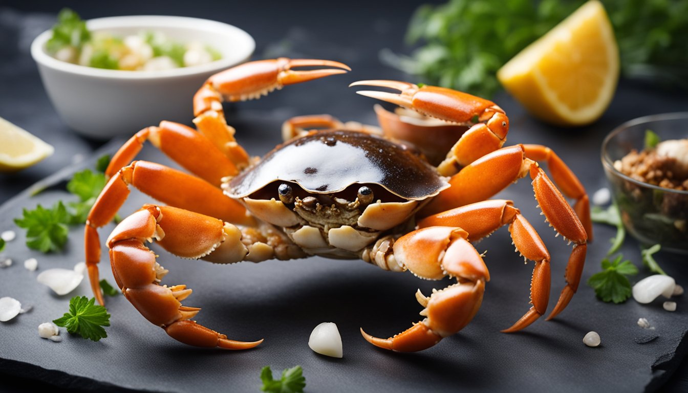 A flower crab is being prepared for cooking, with the shell cracked open and the meat being extracted for a recipe