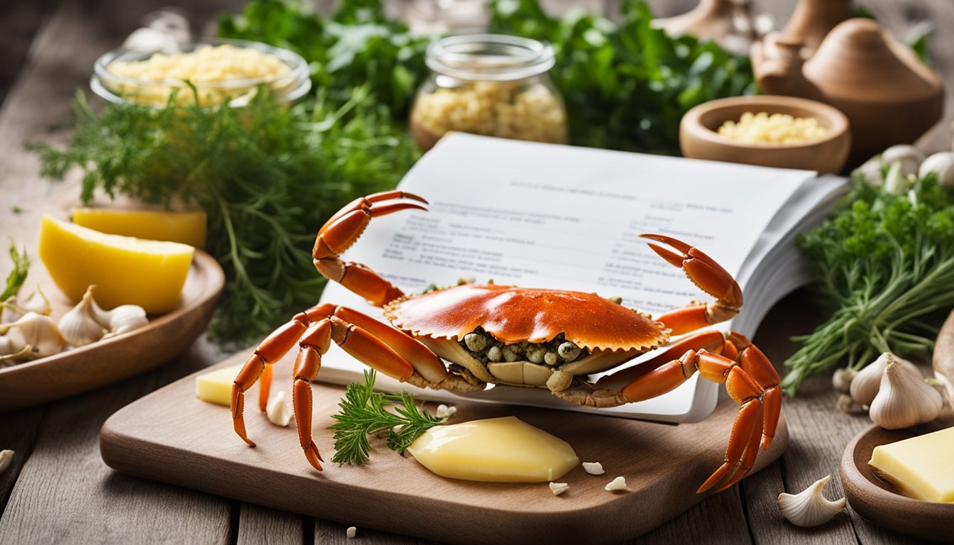 A crab surrounded by ingredients like garlic, butter, and herbs, with a recipe book open to the "Frequently Asked Questions" section
