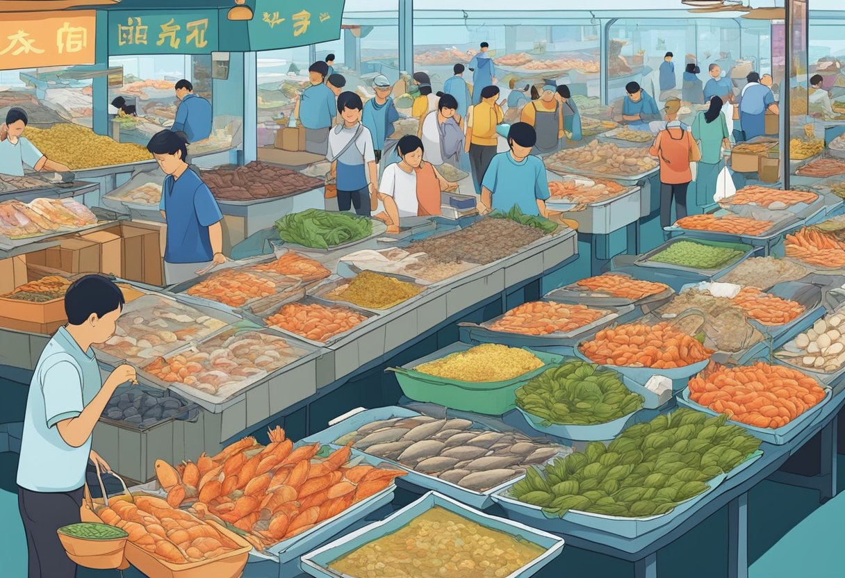 A bustling seafood market in Tampines, with colorful displays of fresh fish and shellfish, busy vendors, and customers browsing the array of ocean treasures