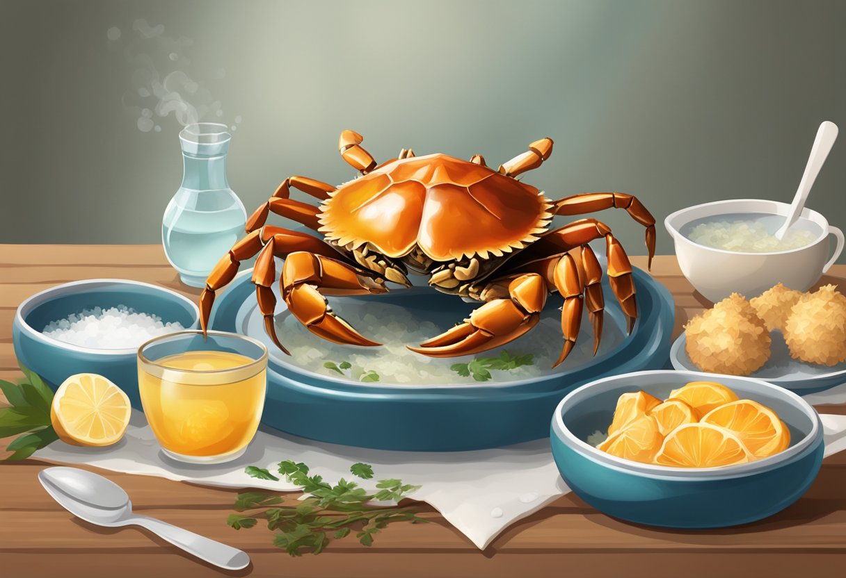 A table set with steamed hairy crabs, surrounded by ginger and vinegar, with a pot of boiling water in the background