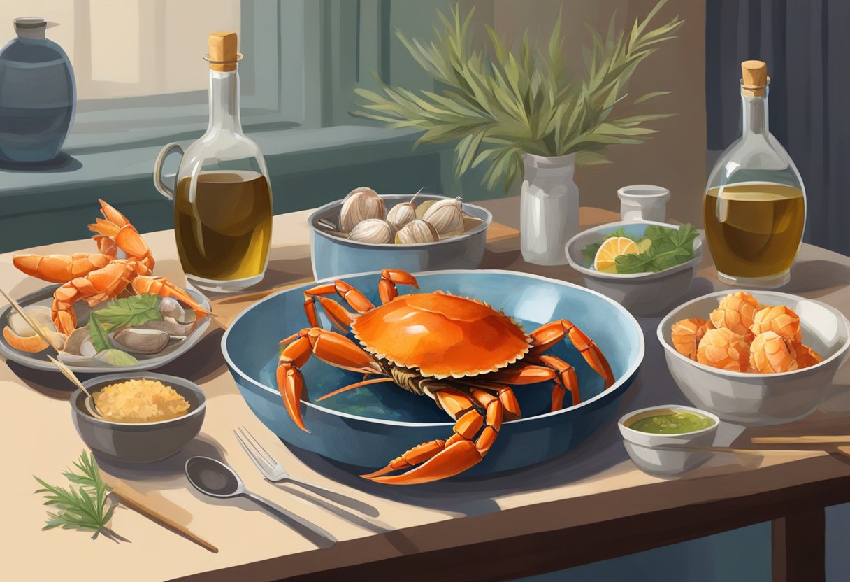 A table set with steamed hairy crabs, surrounded by mallets and picks. A pot of ginger vinegar sits nearby. The room is warm and inviting, with the aroma of fresh seafood filling the air