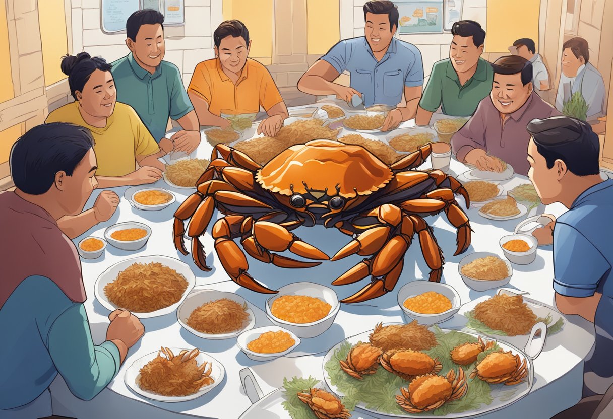 A table filled with steamed hairy crabs, surrounded by eager customers asking questions about the season