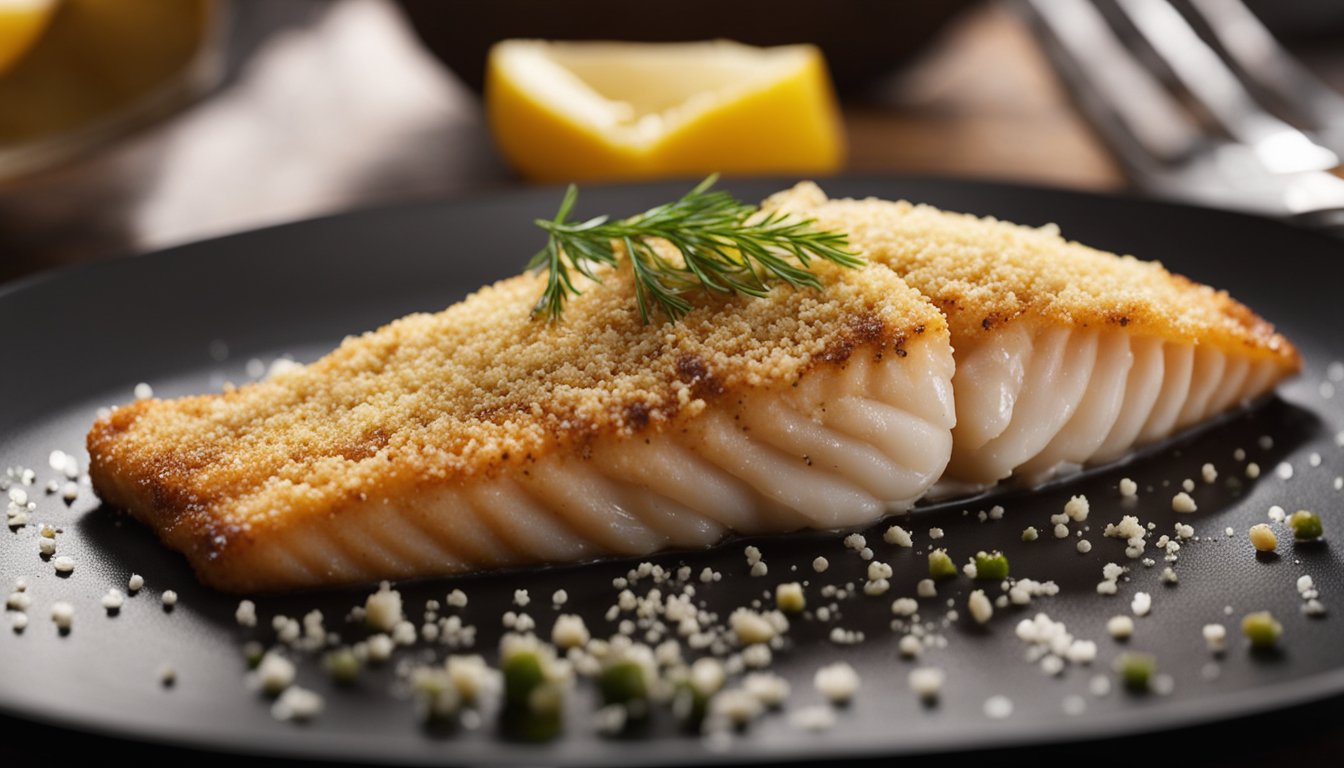 A fish fillet is being seasoned with salt and pepper, then dipped in egg wash and coated with breadcrumbs before being fried in a sizzling hot pan