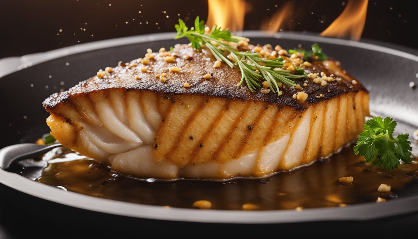 A golden-brown fish fillet sizzles in a hot pan. Steam rises as it cooks, creating a mouthwatering aroma