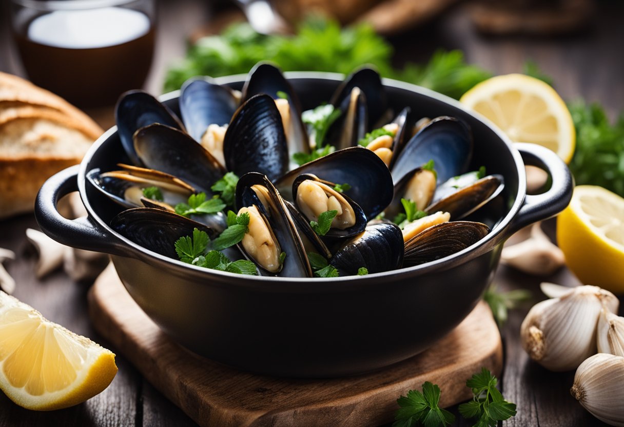 Mussels simmer in a savory broth with garlic, white wine, and fresh herbs. Lemon wedges and crusty bread sit nearby