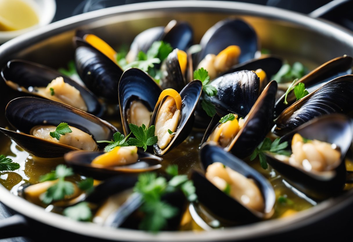 Mussels being cleaned, then cooked in a pot with garlic, white wine, and herbs, steam rising