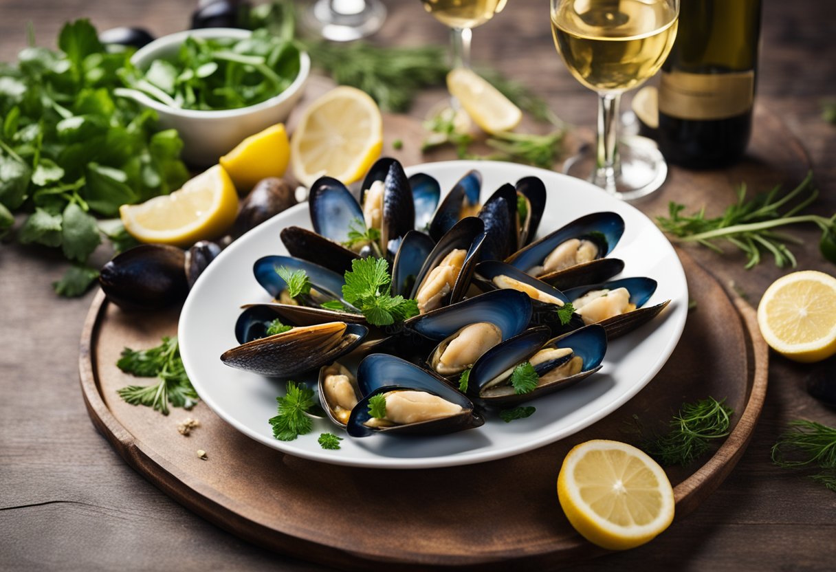 Mussels arranged on a platter with lemon wedges and fresh herbs, paired with a glass of white wine