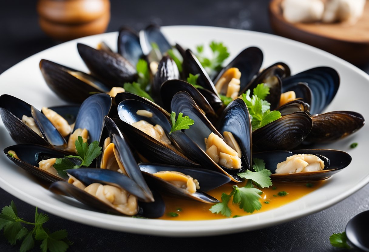 A bowl of steamed mussels surrounded by various ingredients and cooking utensils