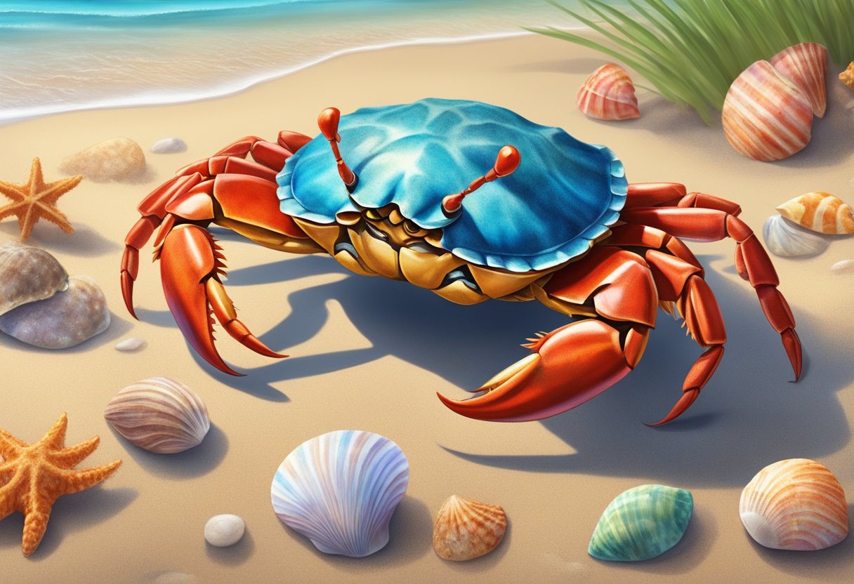 A cheerful crab scuttles across a sandy beach, its bright red shell glistening in the sunlight. It raises its claws in a joyful gesture, surrounded by colorful seashells and seaweed