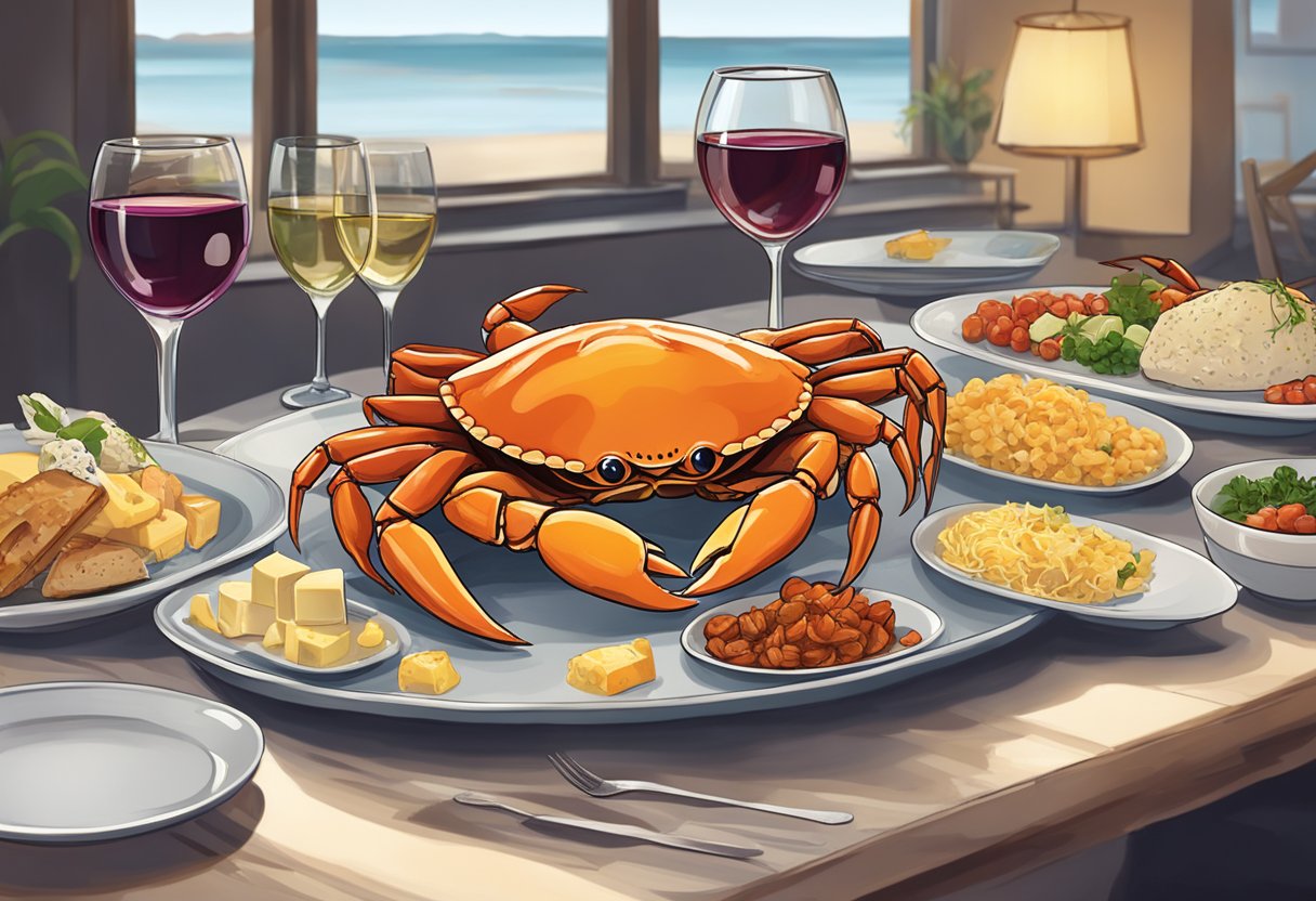 A smiling crab sits beside a platter of gourmet dishes, with wine glasses and cheese pairings in the background