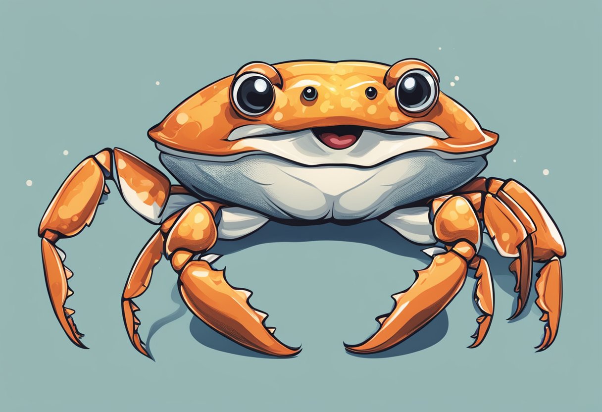 A cheerful crab with a big smile surrounded by question marks and exclamation points