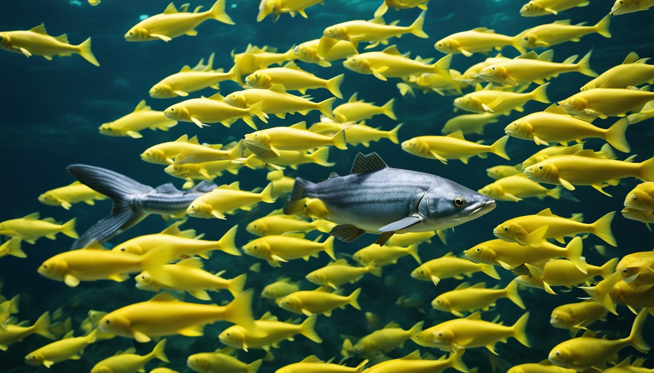 A catfish swimming among a school of fish, with a "Frequently Asked Questions" sign nearby