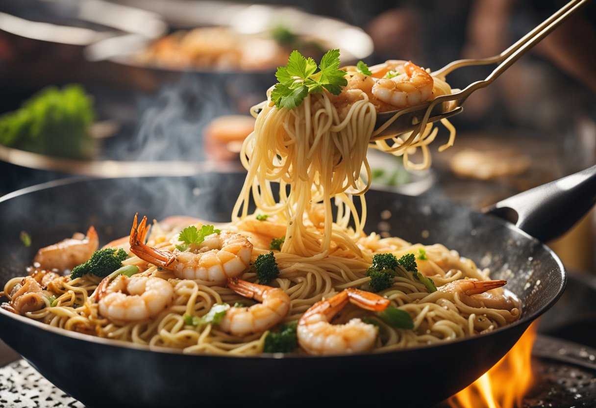 A sizzling wok cooks Hokkien prawn mee, filling the air with savory aromas and the sound of crackling noodles