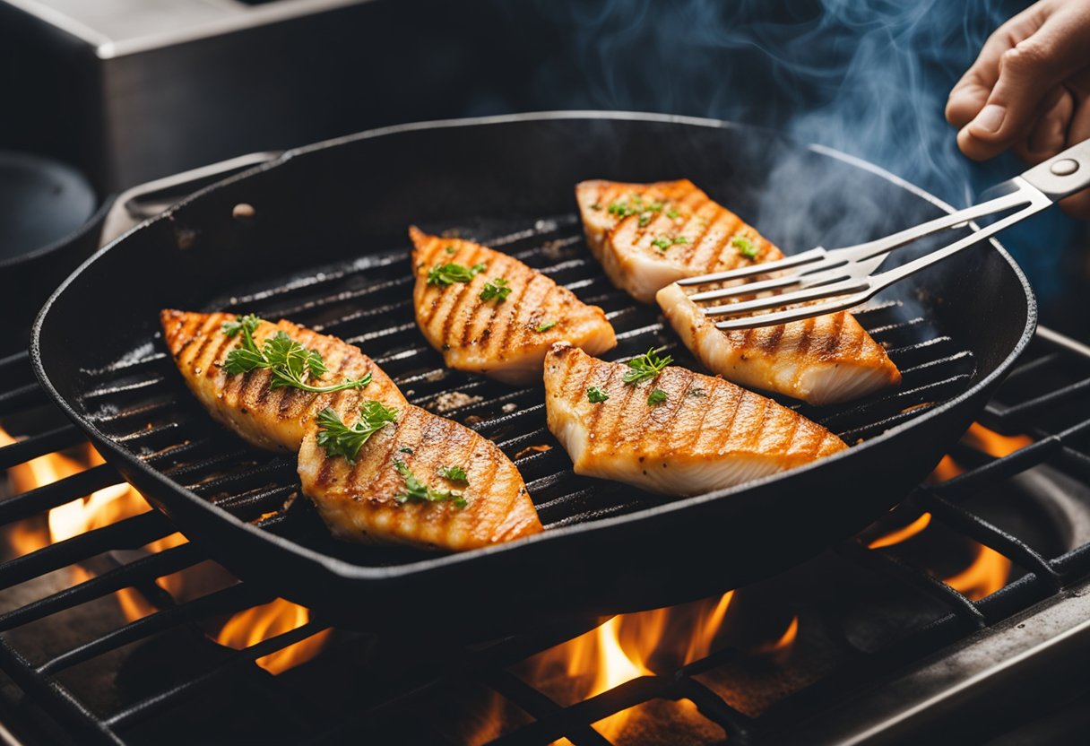 A fish being seasoned and grilled on a hot pan