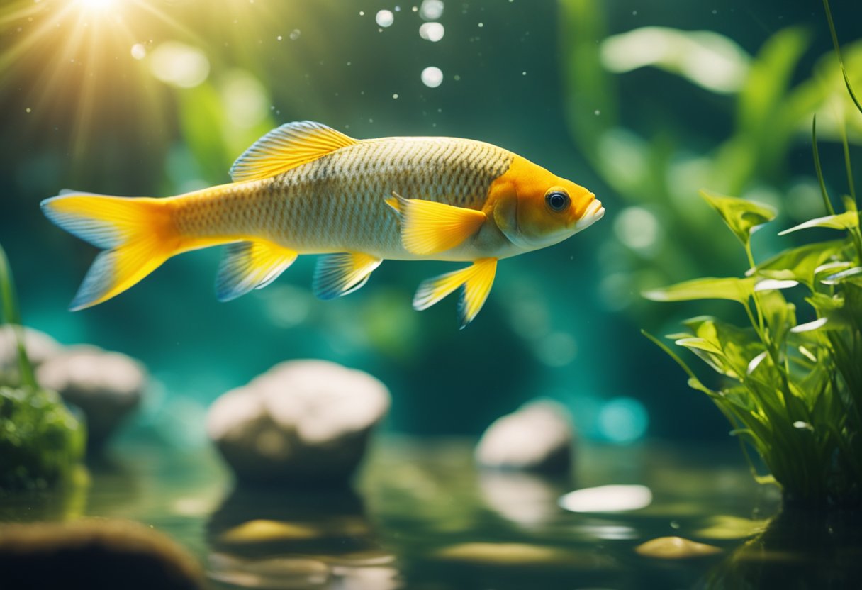 A fish swimming in a clear, bubbling stream, surrounded by vibrant aquatic plants and sunlight filtering through the water
