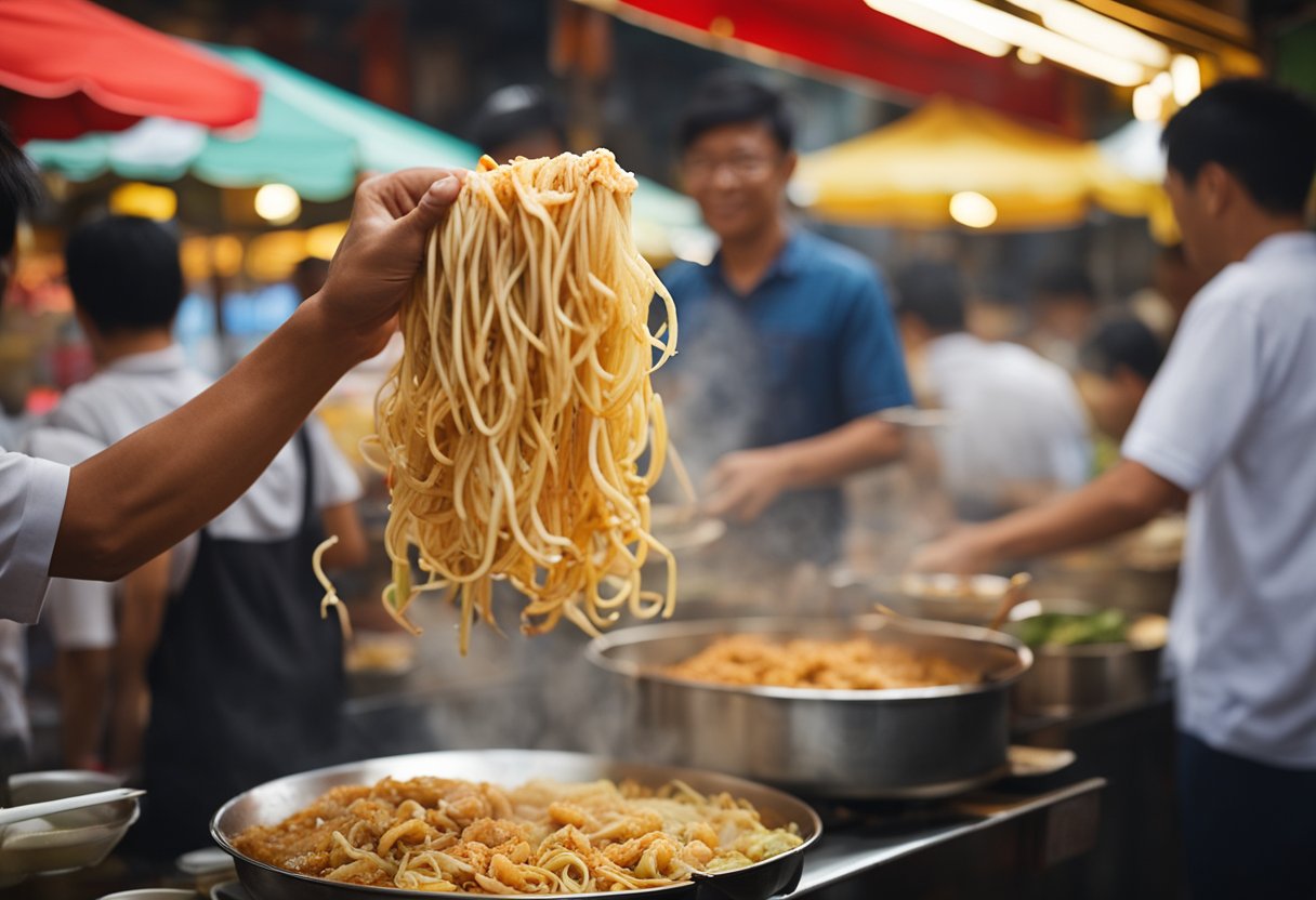 A steaming plate of fried Hokkien prawn mee sits on a bustling hawker stall, surrounded by the sights and sounds of a vibrant Asian street market