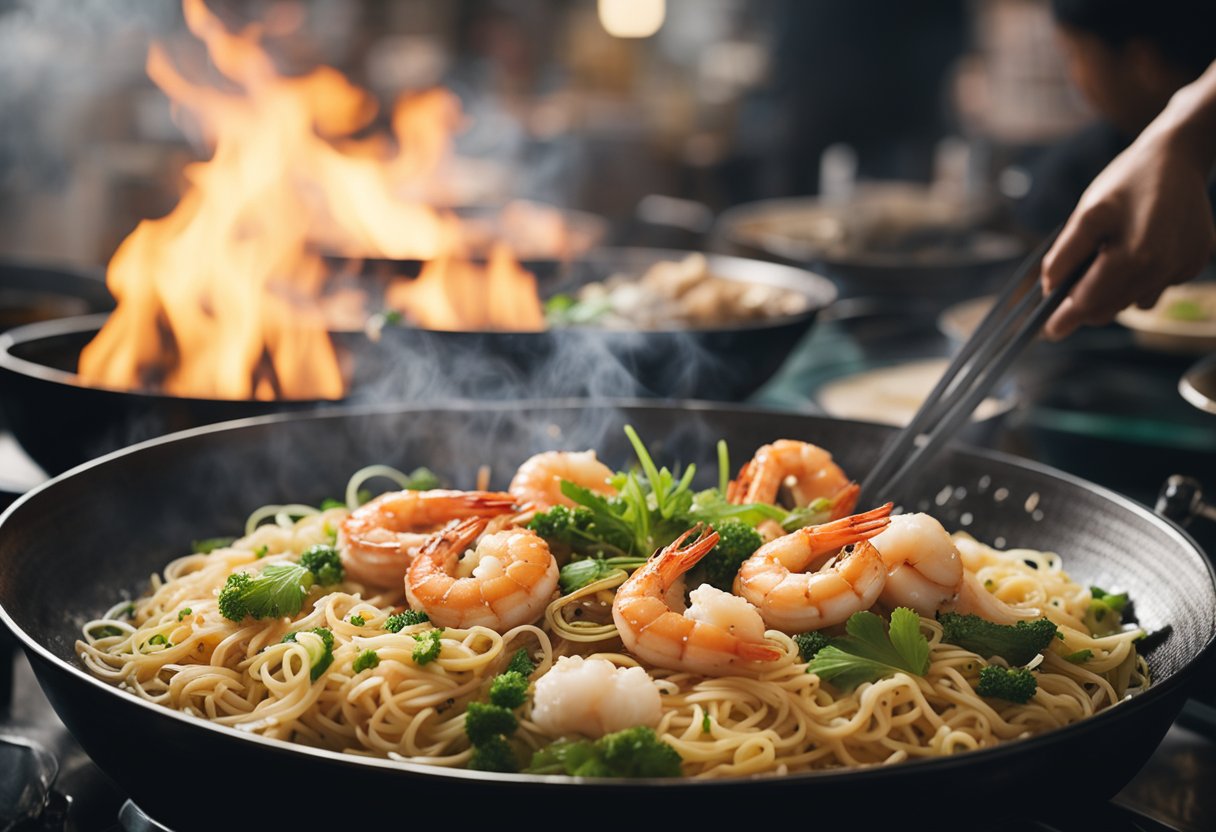 A wok sizzles with fragrant noodles, prawns, and squid, as steam rises and a rich, savory aroma fills the air