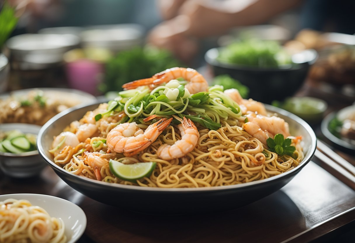 A steaming plate of fried hokkien prawn mee, topped with succulent prawns and savory noodles, surrounded by a bustling hawker center