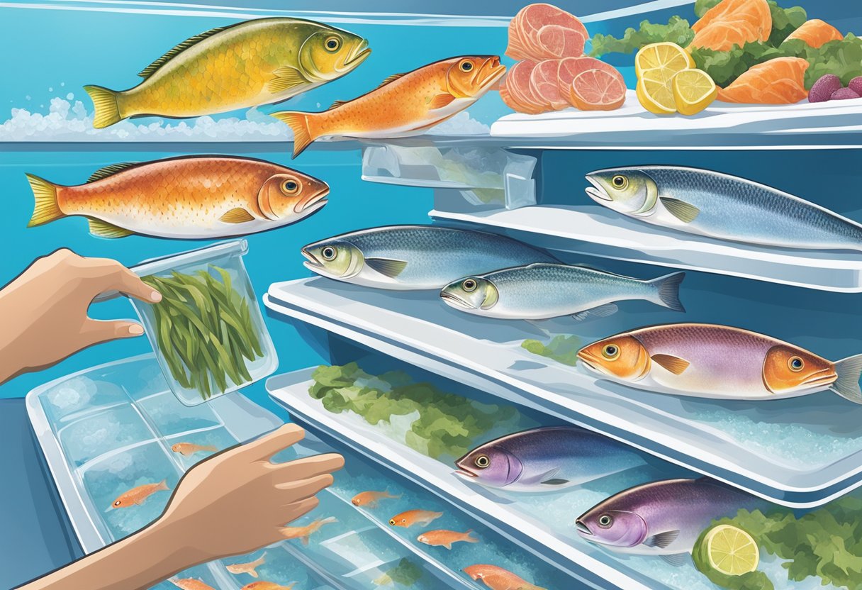 A hand reaches into a freezer, selecting a package of frozen fish labeled as the "healthiest choice." The packaging features images of fresh, vibrant fish swimming in clear waters, emphasizing its natural and healthy qualities