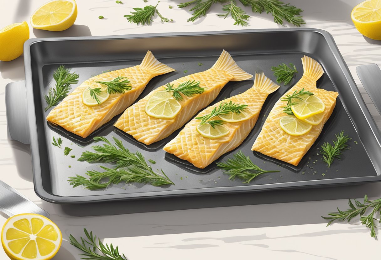 Fish fillets being seasoned with herbs and lemon, then placed on a baking sheet. Oven preheated to 400°F. A drizzle of olive oil before baking for 15 minutes