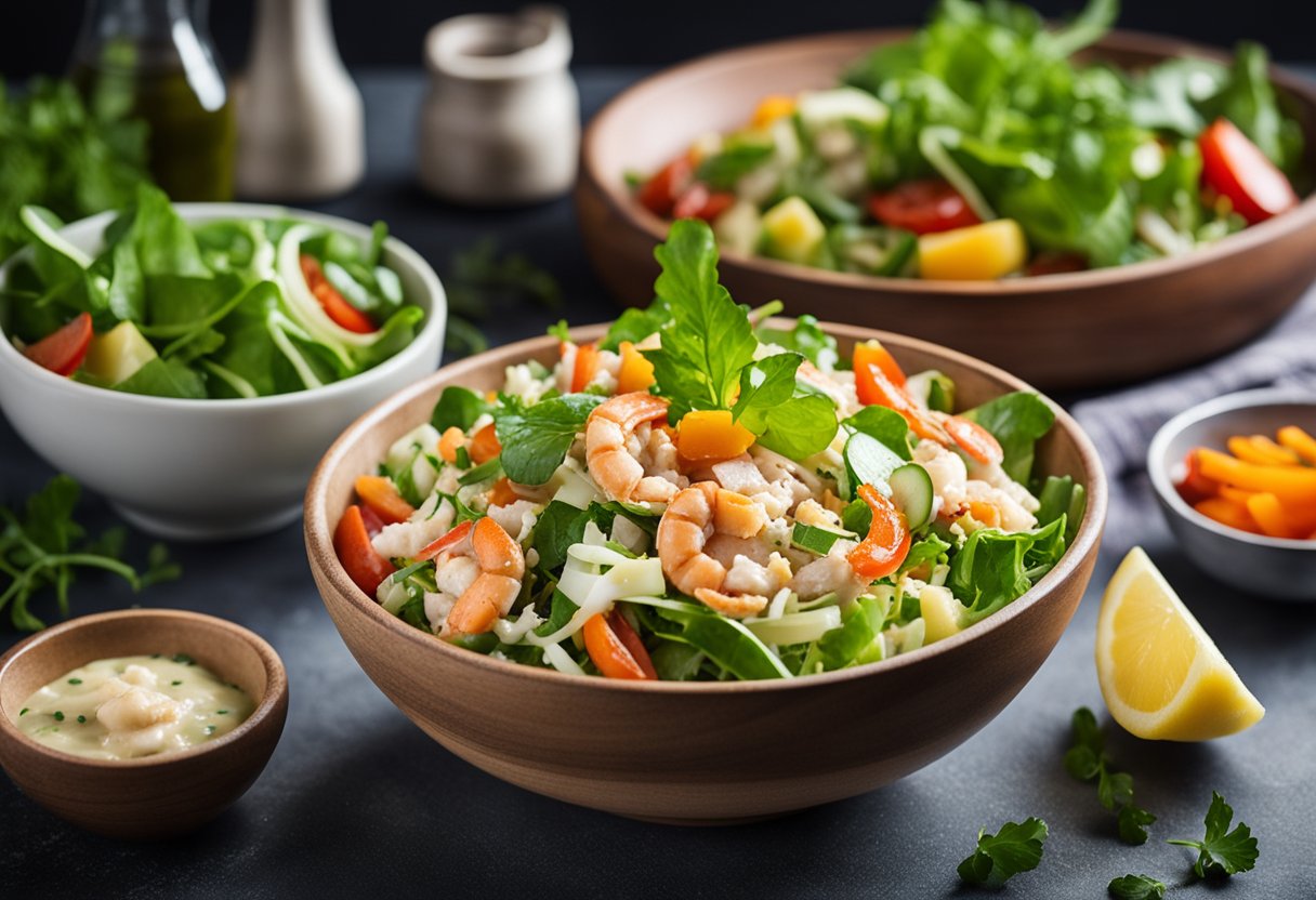A bowl of vibrant crab meat salad with fresh greens, colorful vegetables, and a light vinaigrette dressing