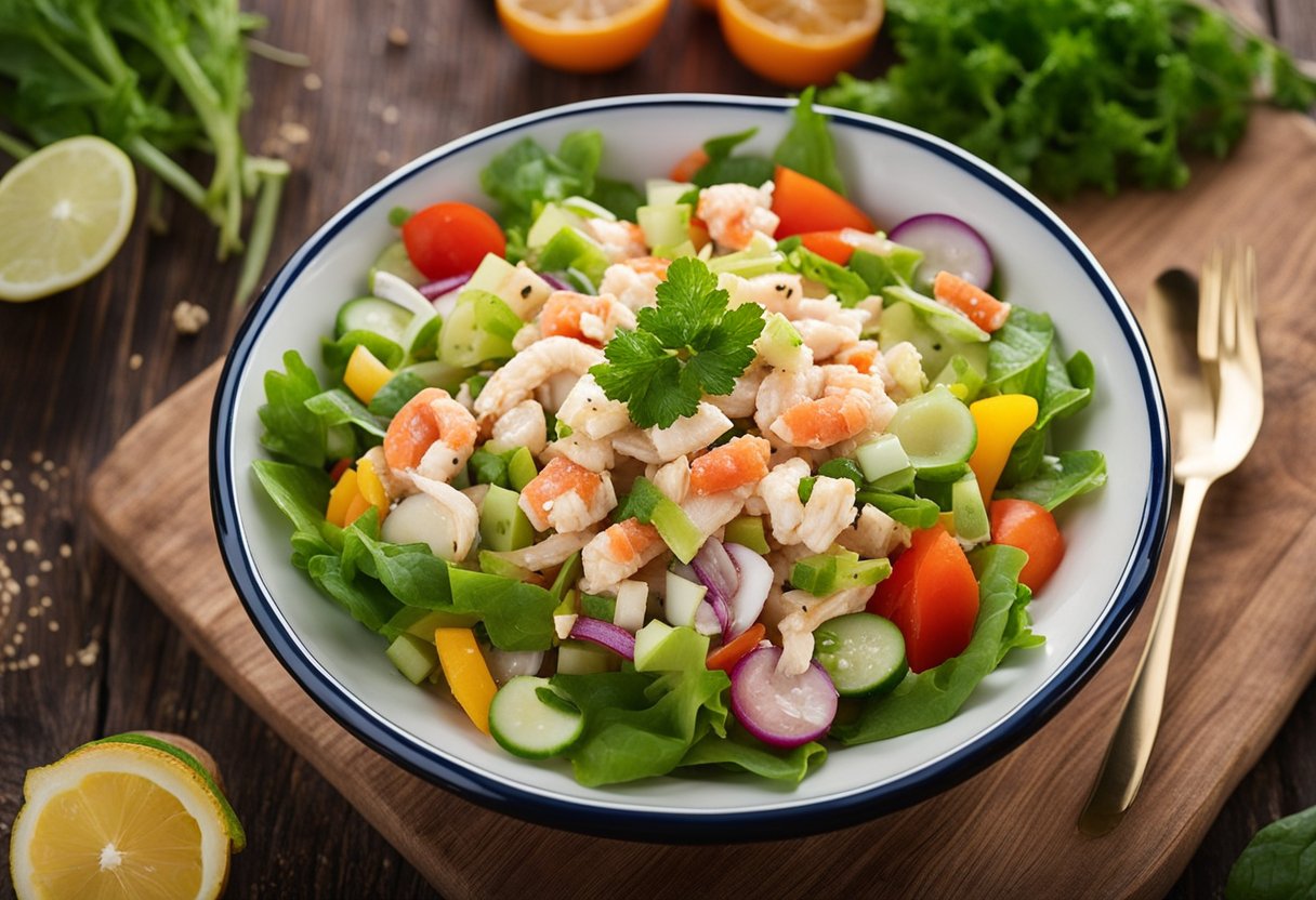 A bowl of fresh crab meat salad with colorful vegetables and a light vinaigrette dressing on a wooden table